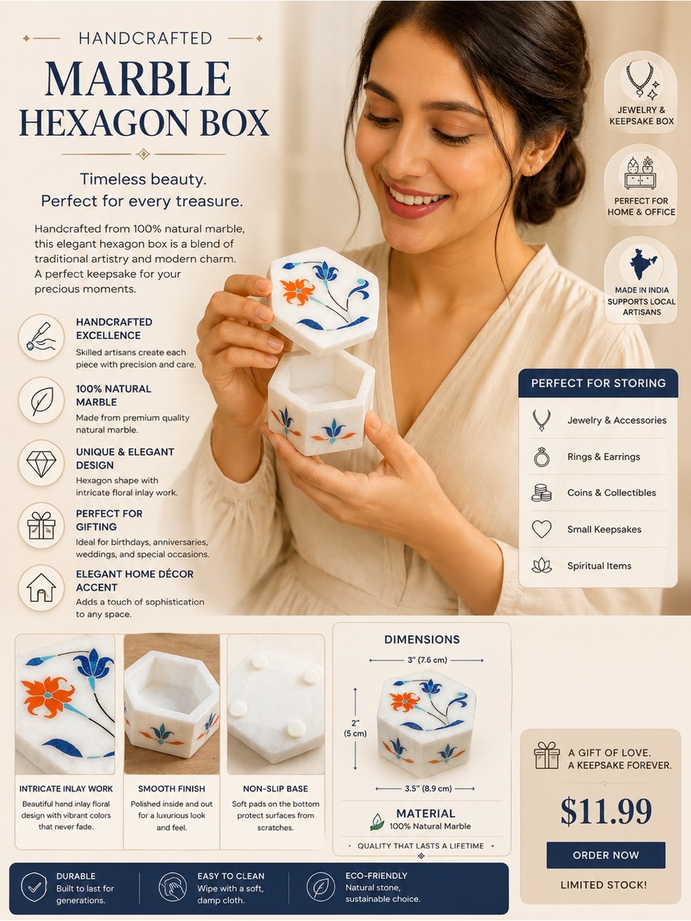 Handcrafted Marble Hexagon Keepsake Box - White with Blue & Orange Floral Inlay